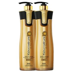 Keratin Cure Best Treatment Gold and Honey Bio Protein 2 Piece Kit 32oz Silky Soft Complex with Argan Oil Nourishing Straightening Damaged Dry Frizzy w/Pre-Treatment Shampoo