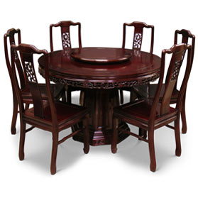 Chinese Rosewood Flower Carving Round Dining Table Set